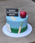 Cake with cricket-themed decorations